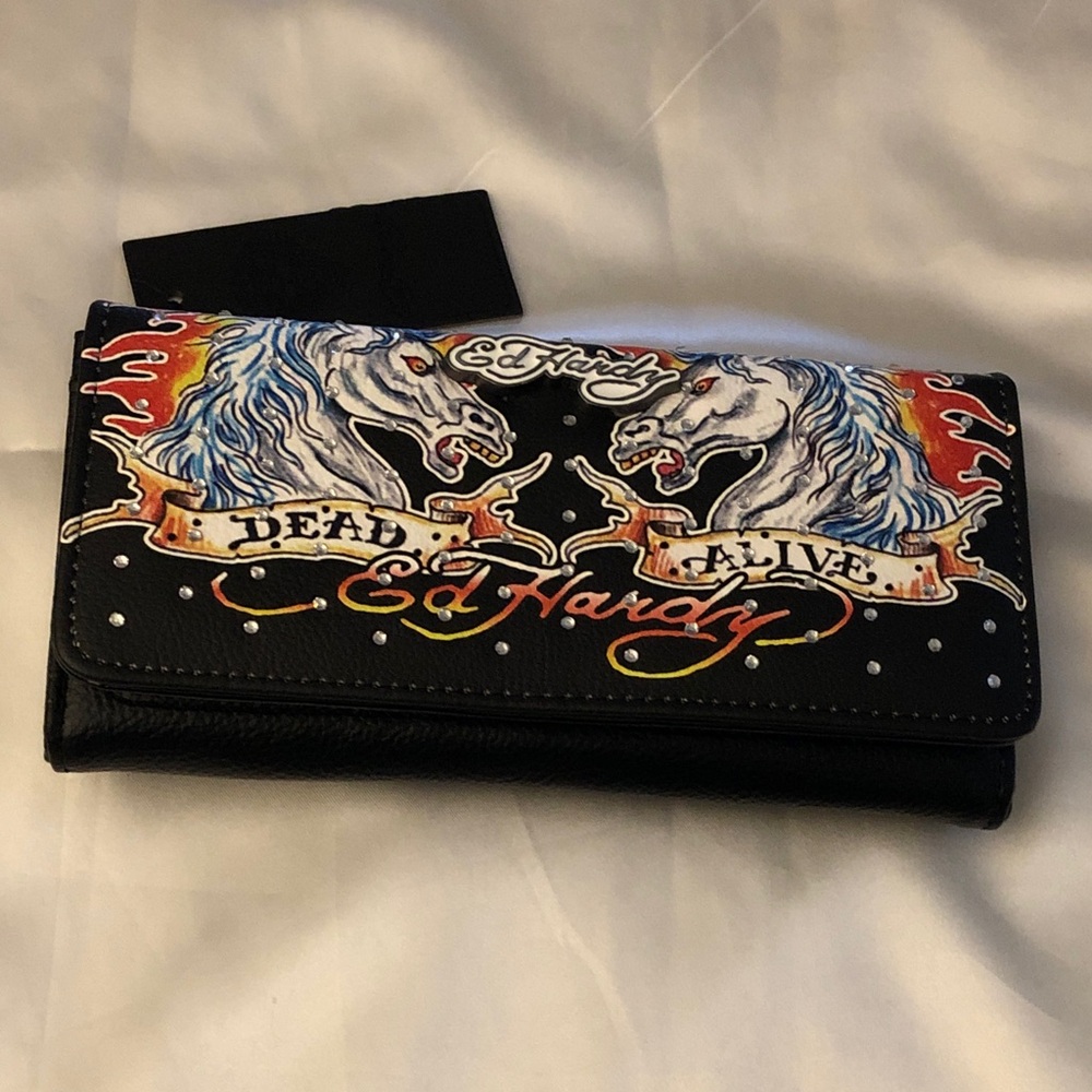 Ed Hardy Black Faux Leather Dead Or Alive Horse Tattoo Flap Wallet Crystal NWT